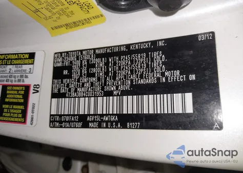 2012 Toyota Venza Le z USA, uszkodzony, nr VIN 4T3BA3BB4CU031953